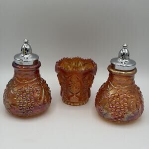 Vtg Imperial Glass Salt Pepper Shakers Toothpick Holder Marigold Carnival Glass